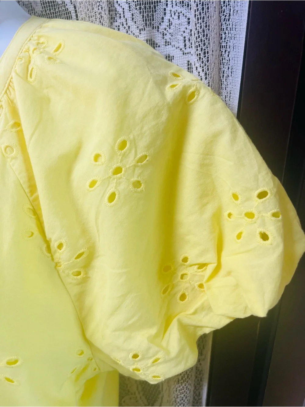PEYTON‎ & PARKER Yellow Eyelet Mini Dress XS Puffed Sleeve Cotton Babydoll Dress
